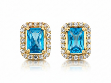 Kolczyki złote prostokątne z niebieskim oczkiem