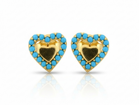 Kolczyki złote serca na sztyfcie z niebieskimi kamieniami