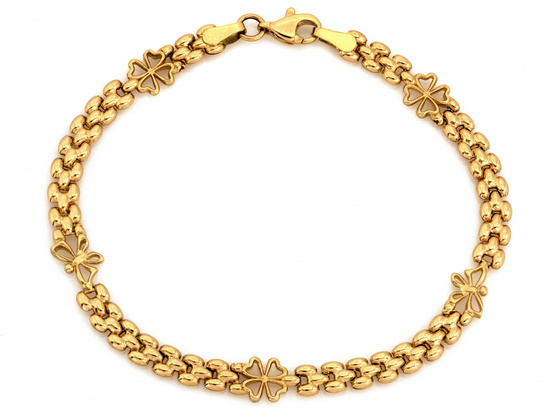 Oryginalna złota bransoletka elementowa z koniczynkami i motylkami