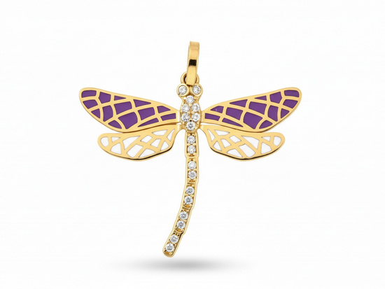 Zawieszka złota ważka z cyrkoniami z emaliowanymi skrzydłami