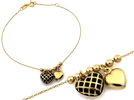 Złota bransoletka z kulkami z wiszącymi sercami z czarną emalią