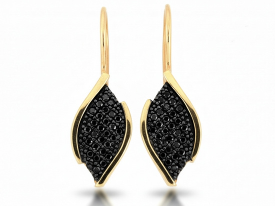 Kolczyki złote na biglu romby z czarnymi cyrkoniami z czarnym rombem