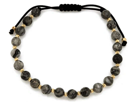Bransoletka złote kulki i marmurkowe kamienie na czarnym sznurku