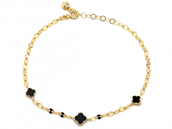 Bransoletka złota trzy czarne kwiatki koniczynki