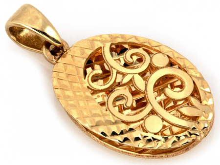 Zawieszka złota owalna zdobiona ażurowym wzorem pod grawer