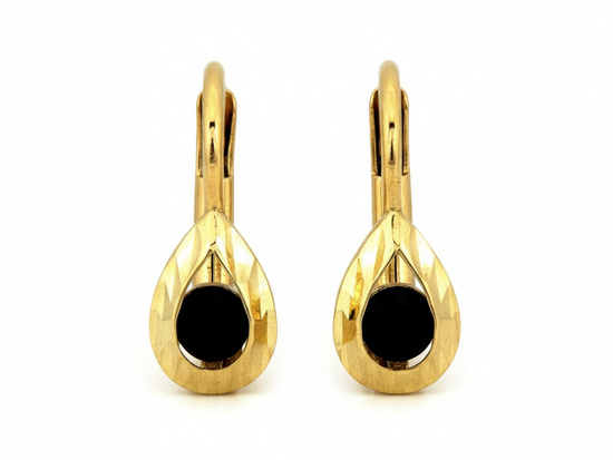 Kolczyki złote angielskie delikatne kropla z onyksem
