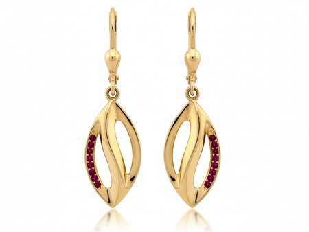 Złote kolczyki wiszące z czerwonymi cyrkoniami