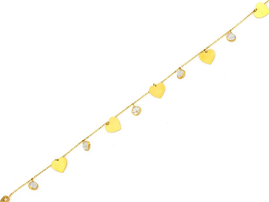 Bransoletka złota łańcuszkowa trzy wiszące serca z cyrkoniami