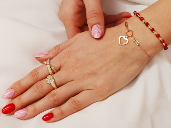 Bransoletka złota z kulkami i czerwonymi kamieniami