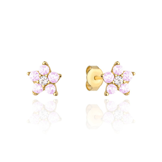 Złote kolczyki 585 z różowymi cyrkoniami - kwiatki