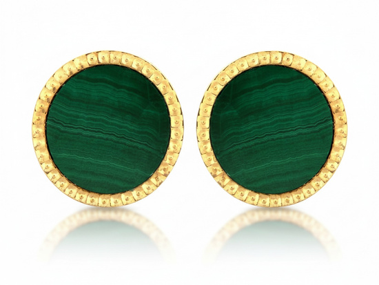 Złote kolczyki okrągłe na sztyfcie z malachitem