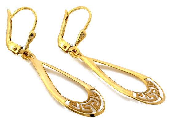 Kolczyki złote długie błyszczące ruchome z wzorem greckim