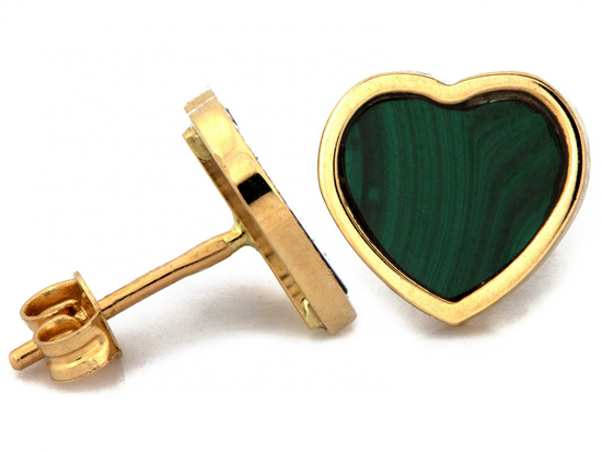 Kolczyki złote serce na sztyfcie z malachitem