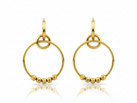 Kolczyki złote wiszące kółka z kuleczkami na sztyfcie