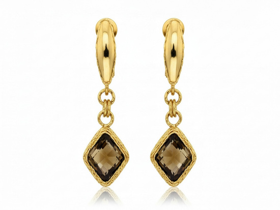 Kolczyki złote z kwarcem dymnym z wiszącym rombem