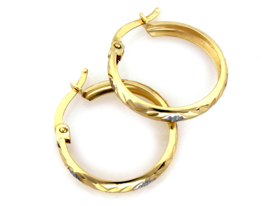 Kolczyki złote koła 18mm rodowane frezowane w jodełkę