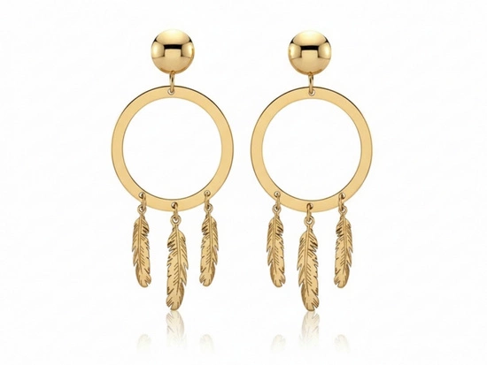 Kolczyki złote kółka z wiszącymi piórkami 