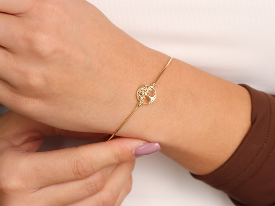 Bransoletka złota sztywna bangle z drzewkiem szczęścia