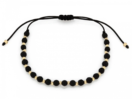 Bransoletka złote i czarne kulki na czarnym sznurku