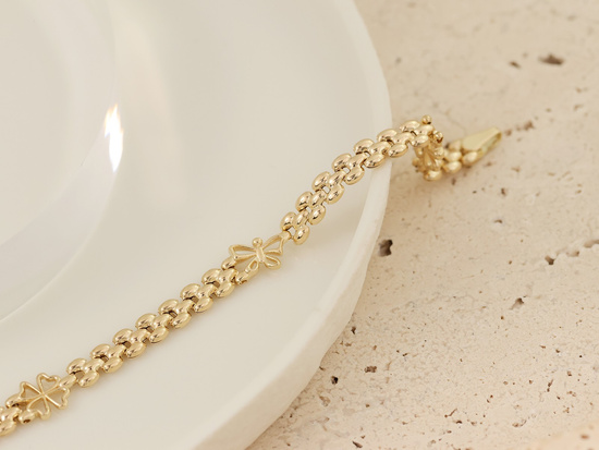 Oryginalna złota bransoletka elementowa z koniczynkami i motylkami