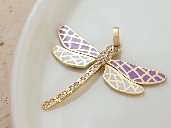 Zawieszka złota ważka z cyrkoniami z emaliowanymi skrzydłami