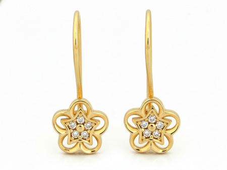 Kolczyki złote na biglu z kwiatkiem z cykroniami