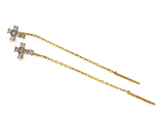 Kolczyki złote przeciągane krzyżyk z cyrkoniami