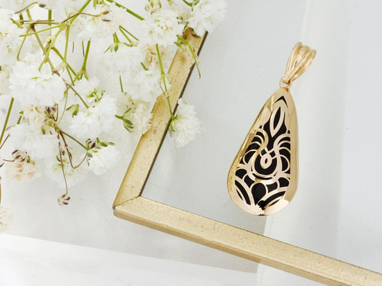 Zawieszka złota długa sztywna dmuchana z czarną emalią