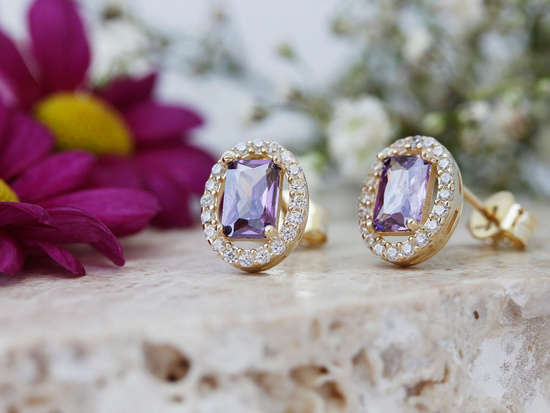 Kolczyki złote markiza z fioletowym oczkiem na sztyfcie