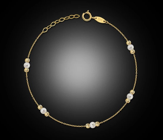 Złota bransoletka 585 z perłami i diamentowanymi kuleczki - 17 - 19 cm