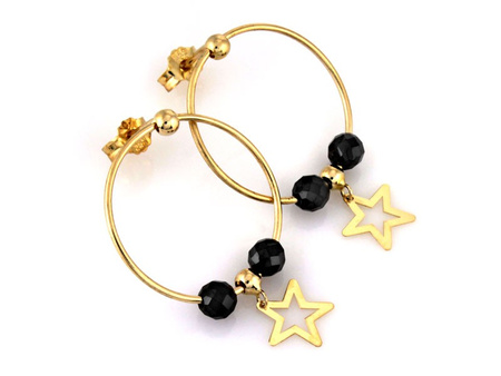 Kolczyki złote koła z wiszącą gwiazdką i czarnymi kamieniami