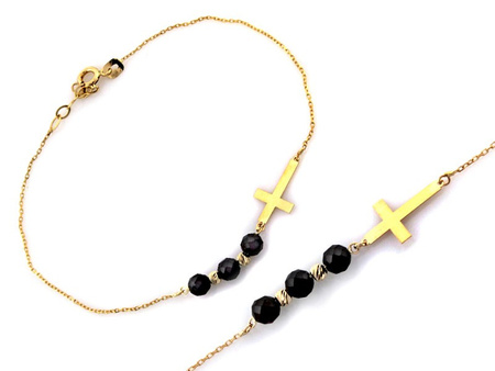 Bransoletka złota z krzyżykiem i czarnymi kamieniami