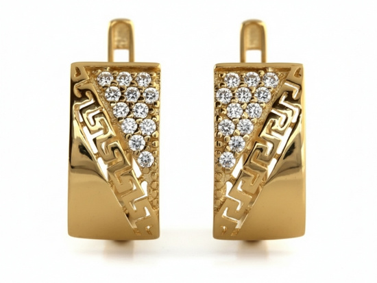 Złote kolczyki z cyrkoniami i greckim wzorem na każdą okazje