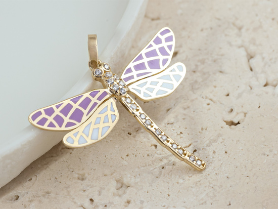 Zawieszka złota ważka z cyrkoniami z emaliowanymi skrzydłami