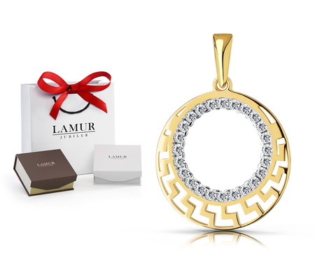 Złota zawieszka 585 koło z greckim wzorem z cyrkoniami