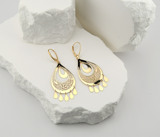 Złote kolczyki 585 - wiszące ażurowe z kwiatowym wzorem