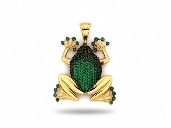 Zawieszka złota żaba z zielonymi i czarnymi kamieniami