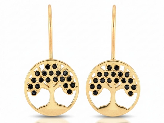 Kolczyki złote na biglu drzewko szczęścia z czarnymi cyrkoniami