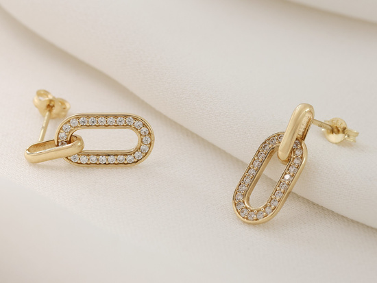 Kolczyki złote owalne z cyrkoniami na sztyfcie