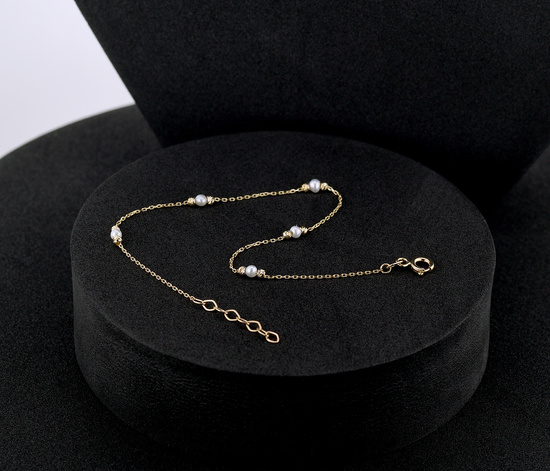 Złota bransoletka 585 z perłami i diamentowanymi kuleczki - 17 - 19 cm