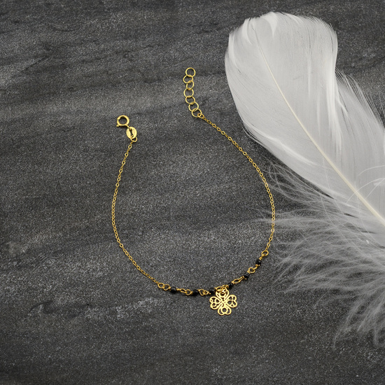 Złota bransoletka 585 ażurowa koniczynka z kulkami z onyksu