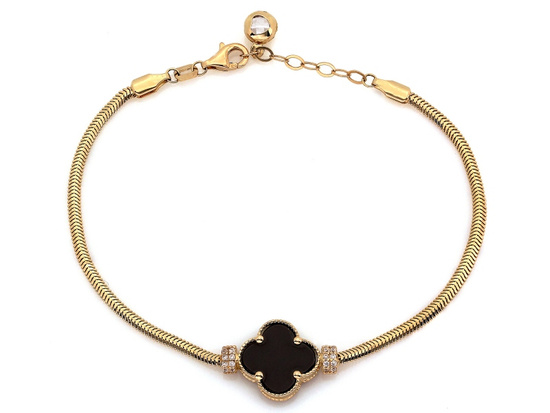 Bransoletka złota z cyrkoniami i czarnym onyksem z kwiatkiem