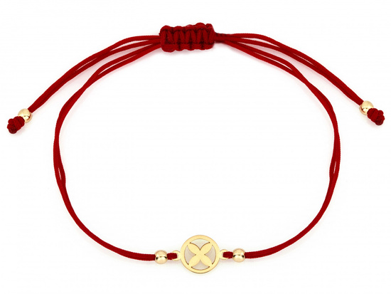 Bransoletka złota z modnym kwiatkiem na czerwonym sznurku