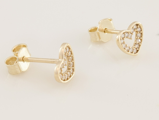 Złote kolczyki serduszka z cyrkoniami sztyfty