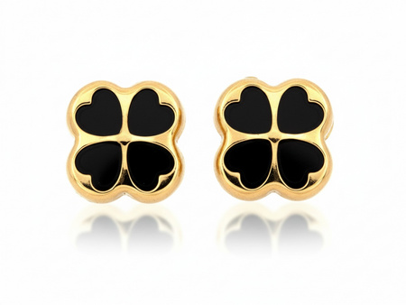 Złote kolczyki koniczynki na sztyfcie z czarną emalią