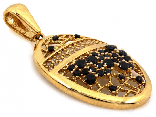 Owalna złota zawieszka z czarnymi cyrkoniami ażurowa