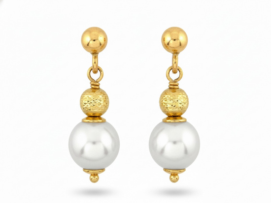 Delikatne złote kolczyki wiszące z perłą i kulką