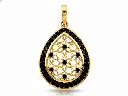 Zawieszka złota kropla ażurowa z czarnymi cyrkoniami