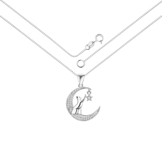 Naszyjnik srebrny 925 z diamentowymi cyrkoniami - księżyc, kotek, gwiazdka