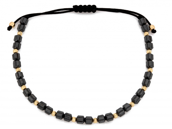 Bransoletka hematyty i złote kulki na czarnym sznurku